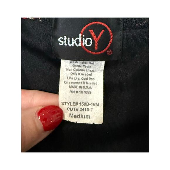 Vintage 90s Y2K Shirt Women Medium Black Mesh Lettuce Hem Sheer Floral Red Rose - Picture 10 of 11